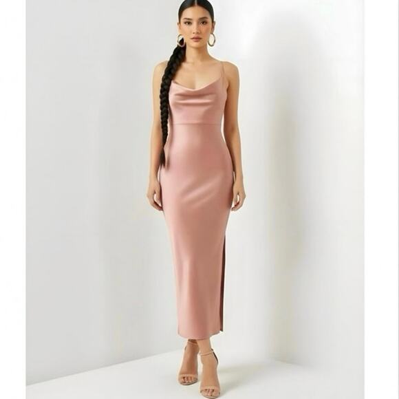 BHLDN Dresses & Skirts - BHLDN cali satin midi slip dress blush pink cowl neck slit hemsize 6 NWT